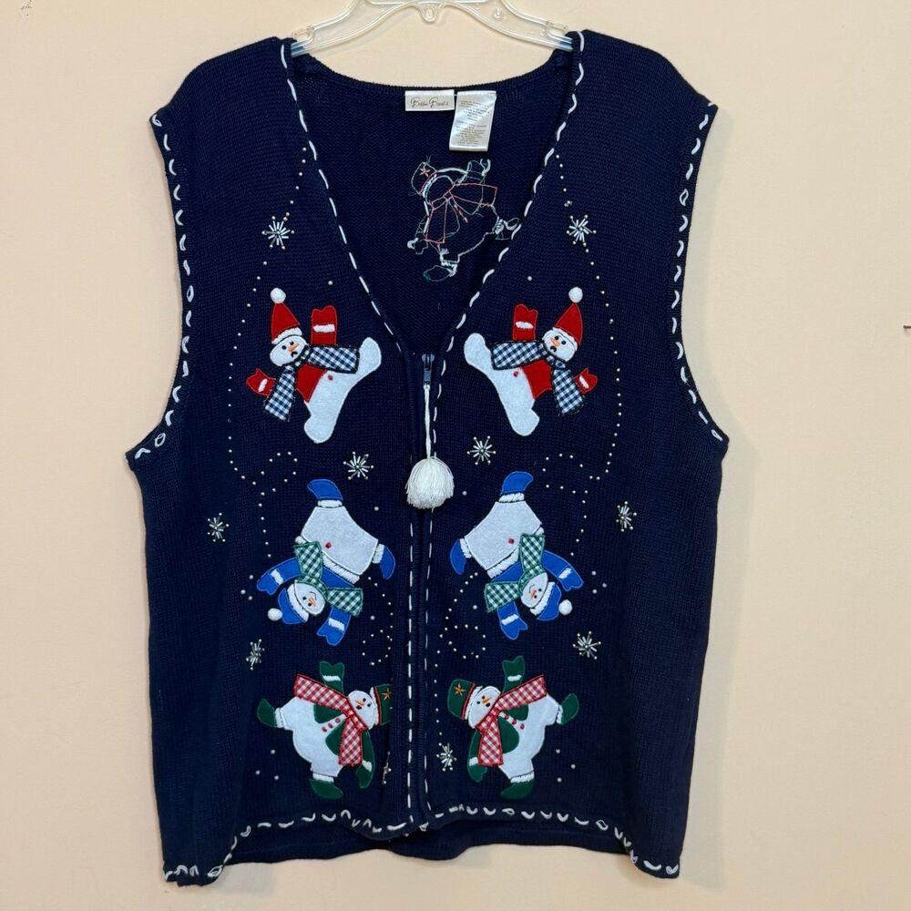 Vintage Bobbie Brooks snowman Knit Sweater Vest Cardigan Womens XL blue Red Chri
